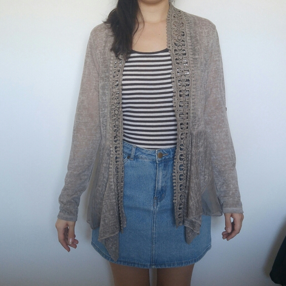 Beige Taupe Thin Knit Crochet Cardigan - Picture 6 of 13